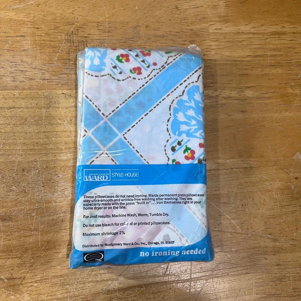 Vtg Montgomery Ward Style House King Pillowcases Set 2 Blue Floral Muslin NEW